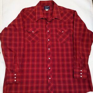 Wrangler Western Pearl Snap Shirt Red Blue Plaid Cowboy Cut Tall Man's Fit
